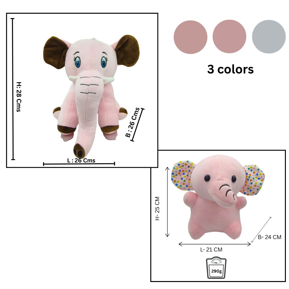 Elephant Combo of 3 Pink & Blue Soft Plush Toy for Kids (2+ Years) | Toyship