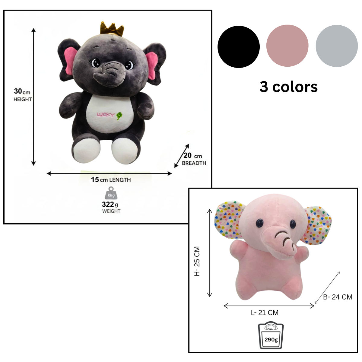Elephant Combo of 3 Black & Blue Soft Plush Toy for Kids (2+ Years) | Toyship