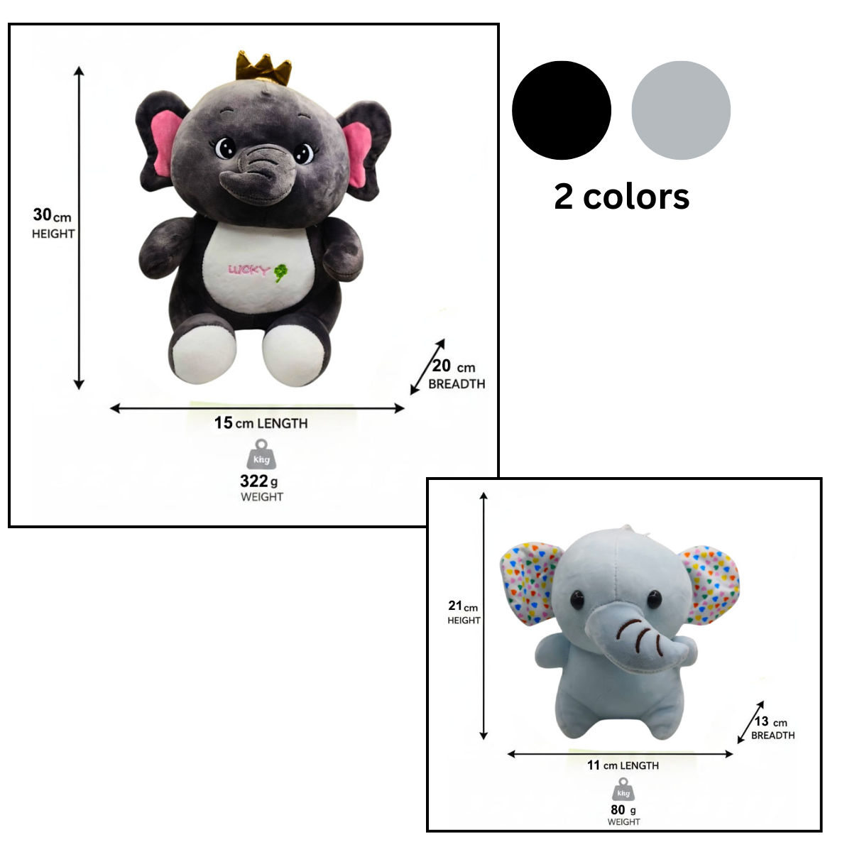 Elephant Combo of 2 Black & Blue Soft Plush Toy for Kids (2+ Years) | Toyship