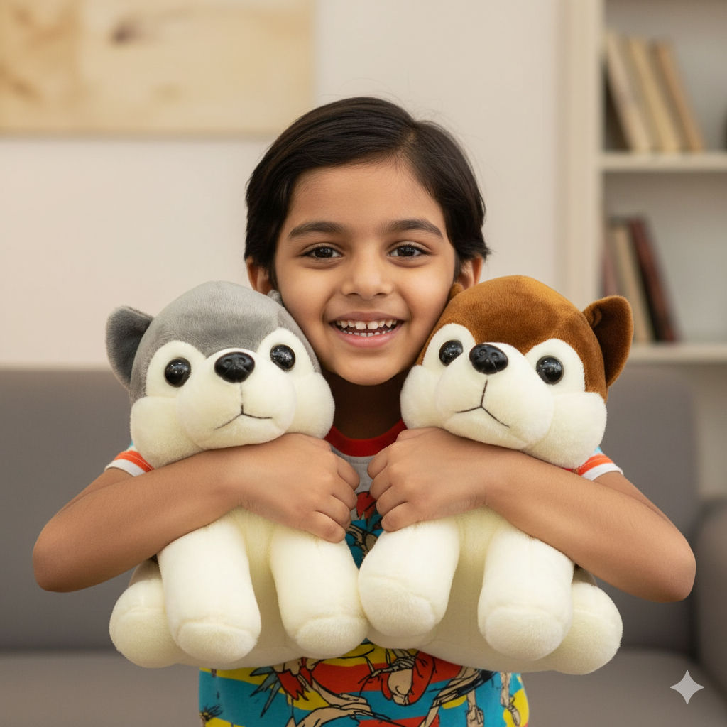 Husky Combo of 2 Grey & Brown Soft Plush Toy for Kids (2+ Years) | Toyship