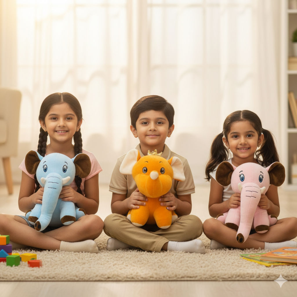 Elephant Combo of 3 Light Brown & Blue Soft Plush Toy for Kids (2+ Years) | Toyship